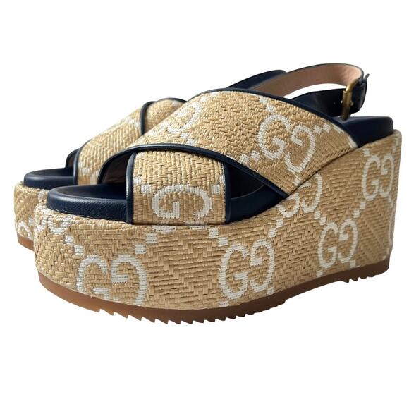 New Gucci Authentic Raffia Nappa GG Monogram Platform 703791 Sz 39 Rubber Soles - Picture 2 of 15